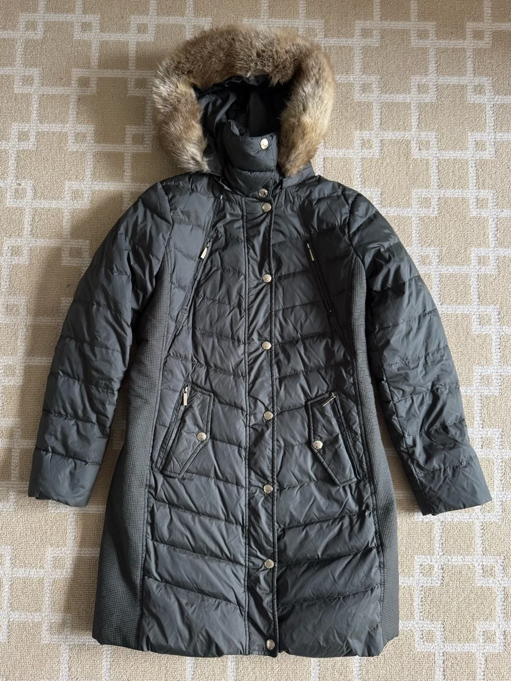 Michael Kors Down Puffer Jacket Faux Fur Hood Black Winter Coat Size Small
